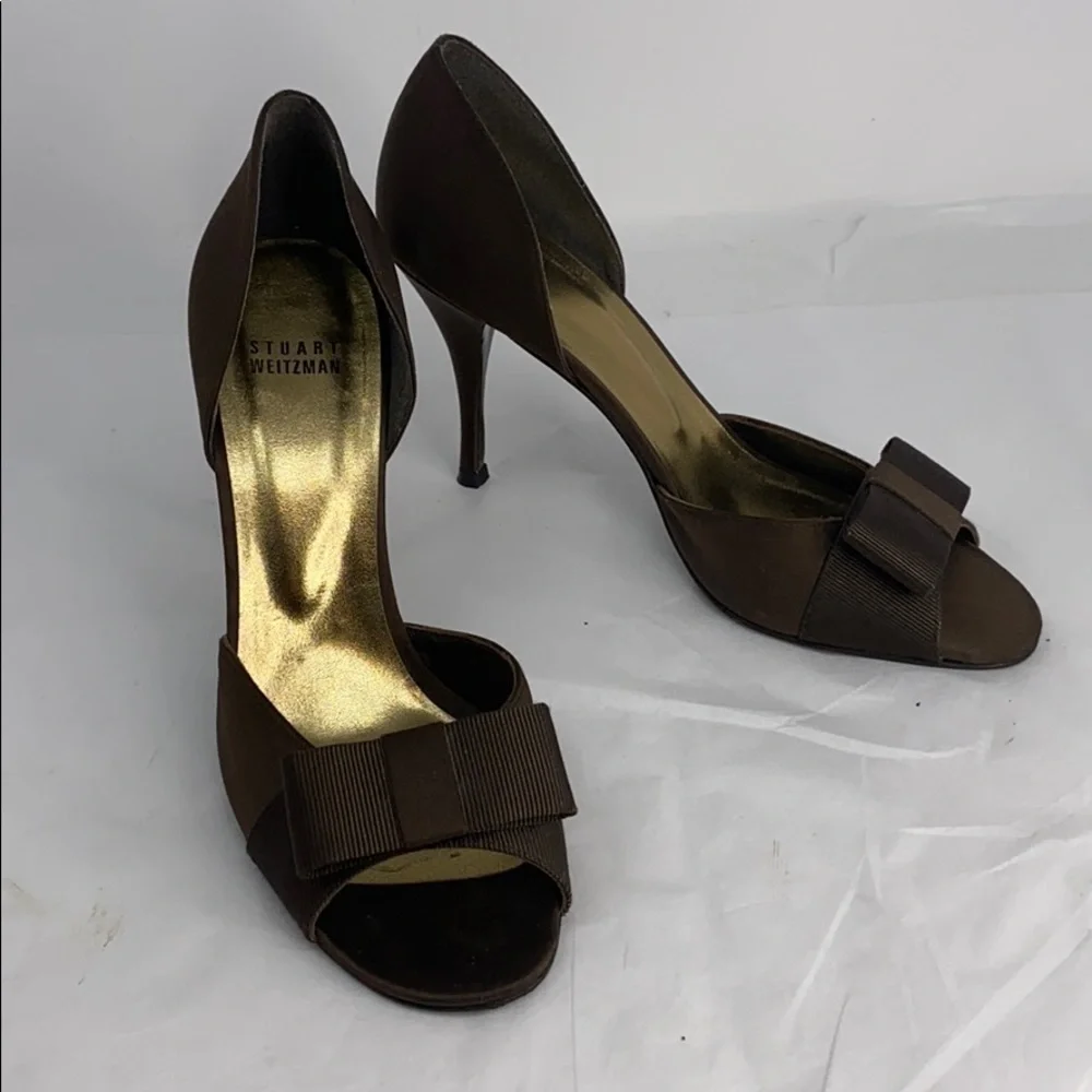 Stuart Weitzman Sz 8.5M D'Orsay Brown Satin Heels
